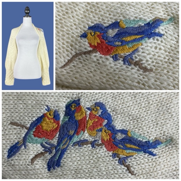 Anthropologie Sweaters - Anthropologie Sleeping on Snow Cream Bird Embroidered Knit Shrug Sweater M/L